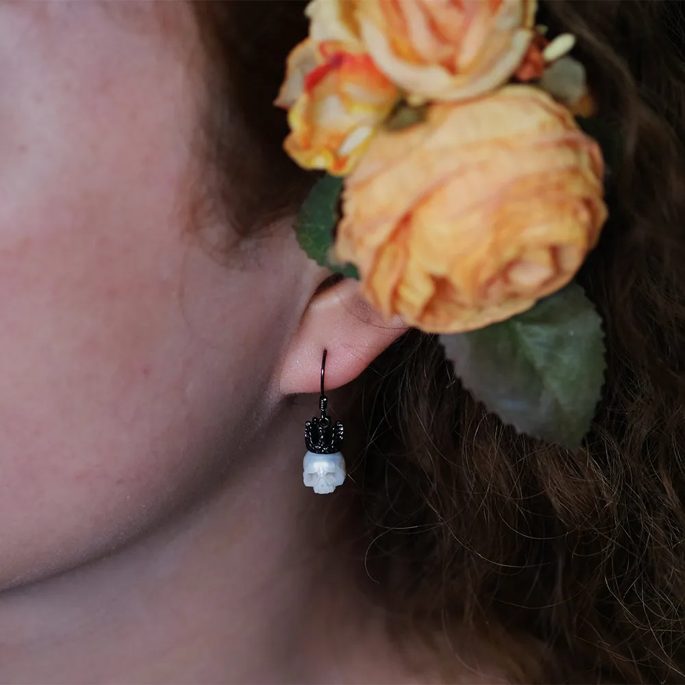 Baroque Silver Black Gold Plated Crown Pearl Skull Earrings