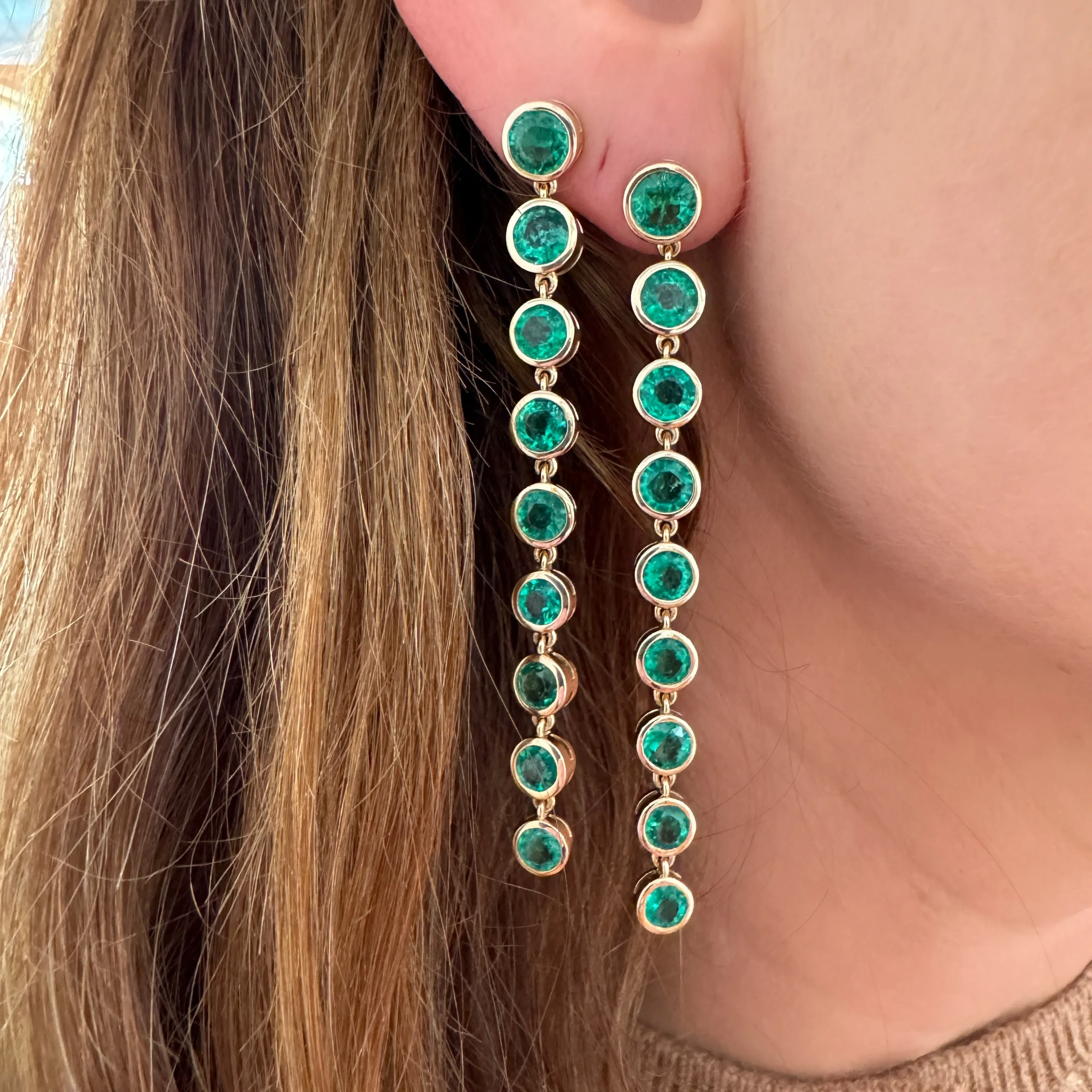 Bezel Set Emerald Rounds Statement Drop Earrings