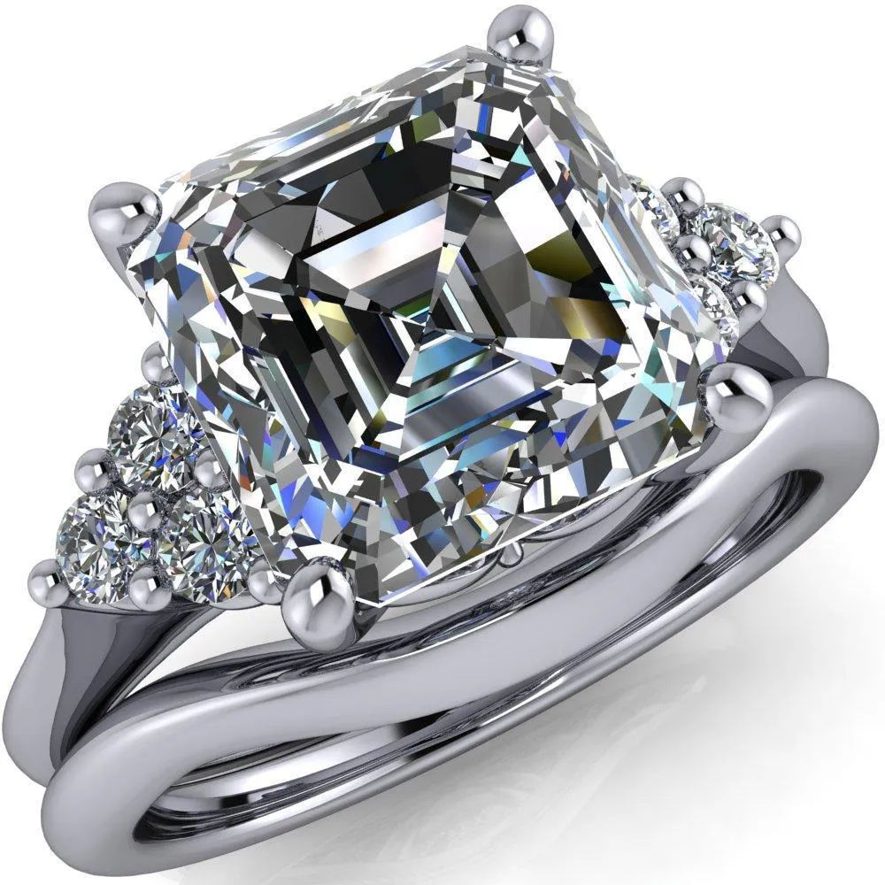 Biddle Asscher Moissanite Trio Side Diamonds Engagement Ring