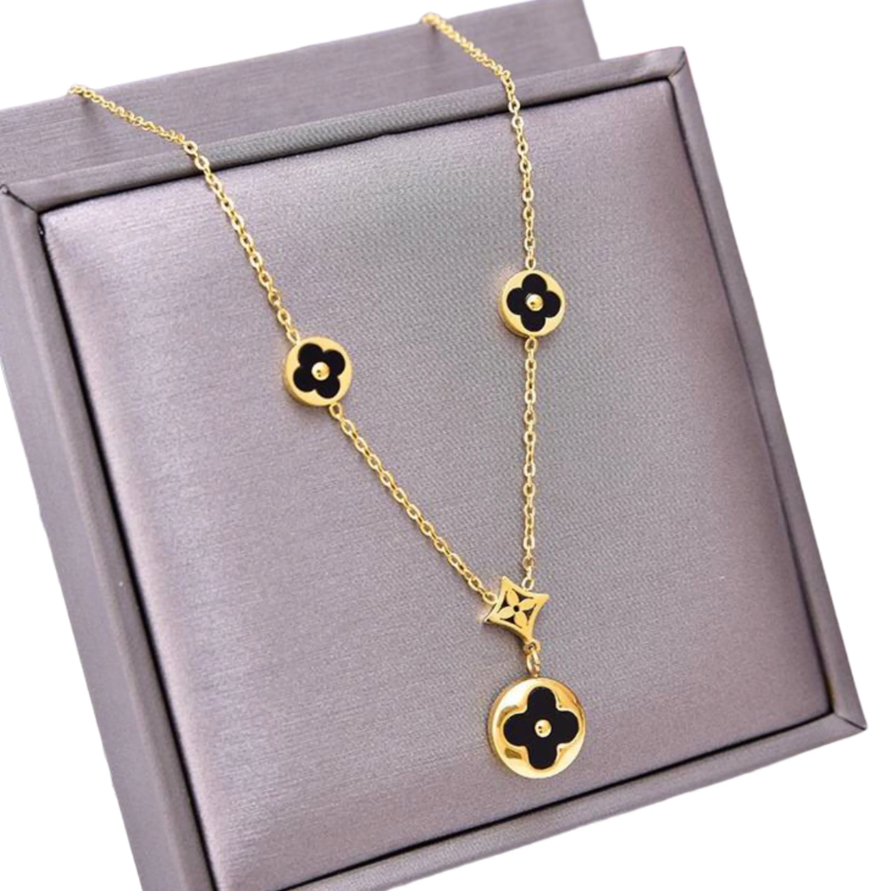 Black Four Leaf Clover Flower Necklace - Gold