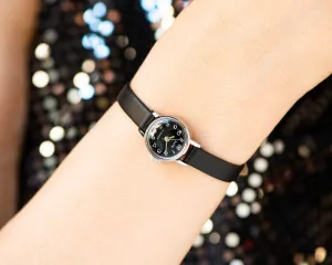 Black micro watch for women vintage unused Dawn, small lady watch minimalist, classic watch gift, watch Arabic numerals, new leather strap
