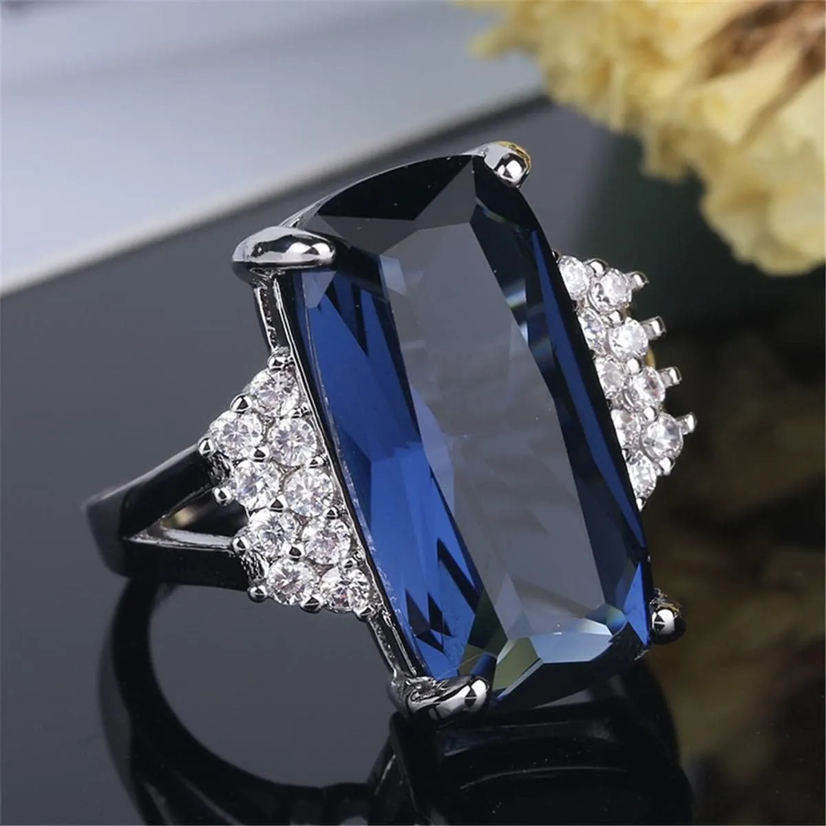 Blue & White Crystal Baguette-Cut Cocktail Ring