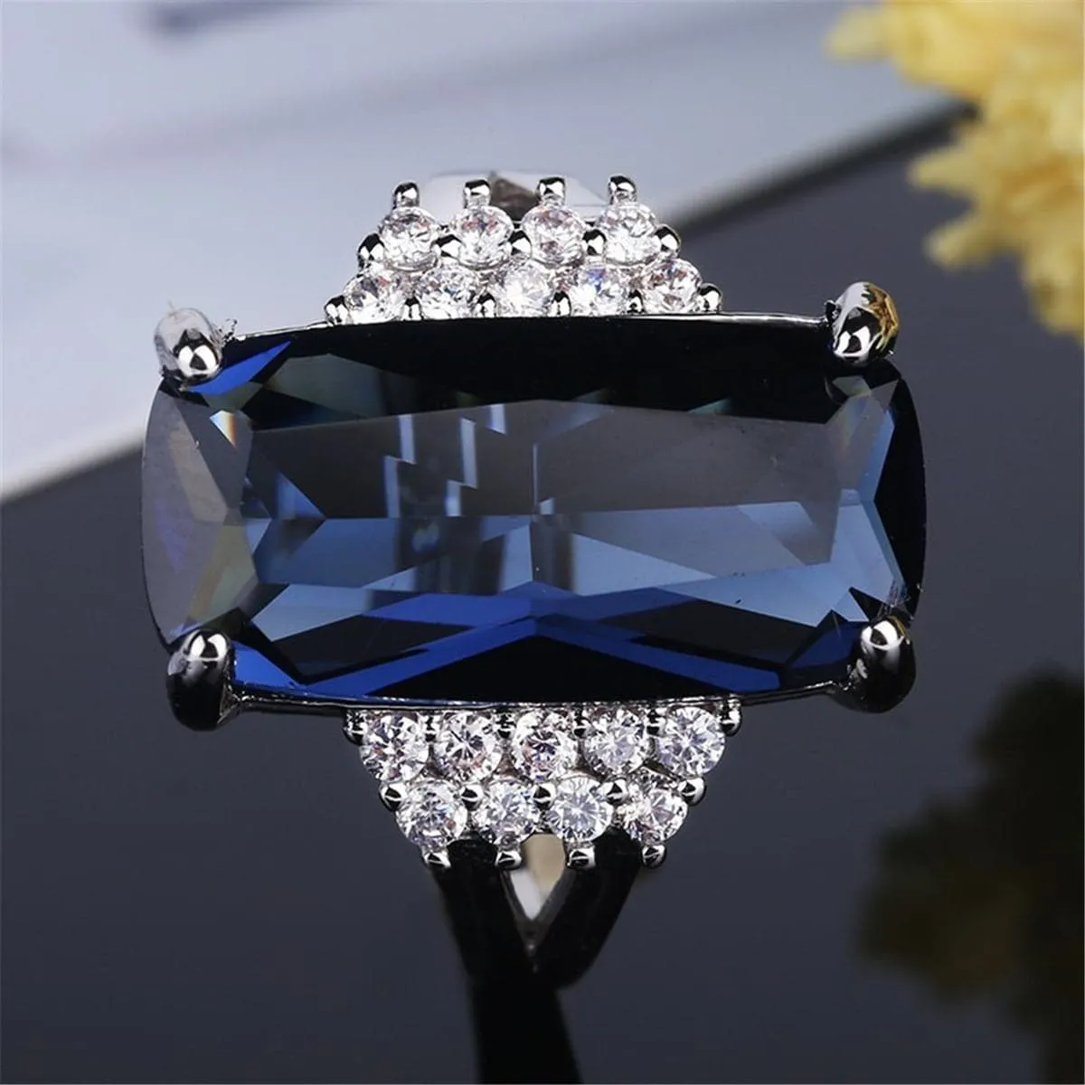 Blue & White Crystal Baguette-Cut Cocktail Ring