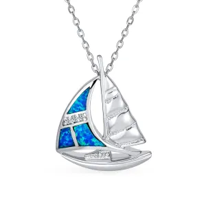 Blue Opal Sailboat Pendant Necklace Sterling Silver Nautical Boat Jewelry