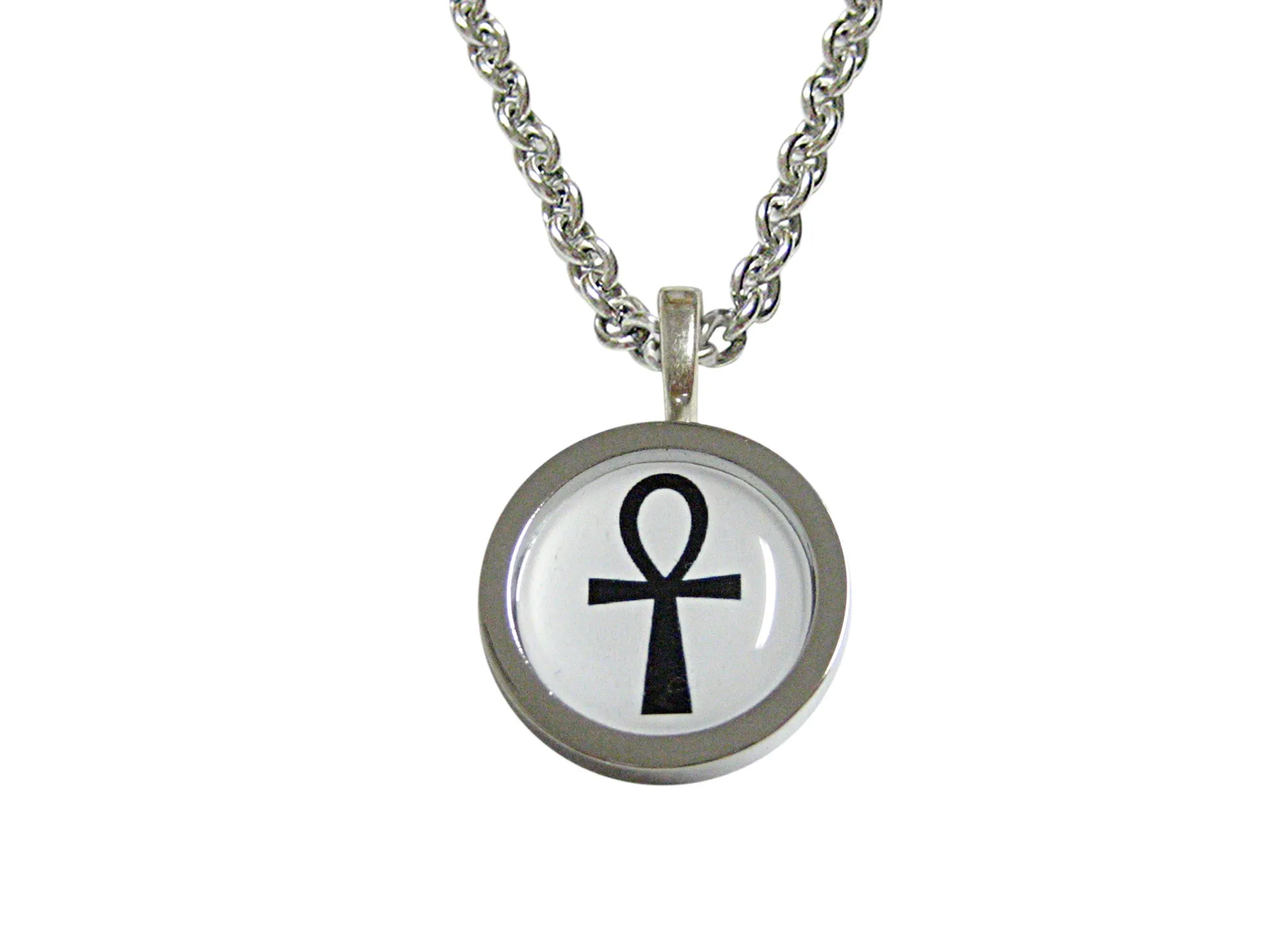 Bordered Round Ankh Cross Pendant Necklace