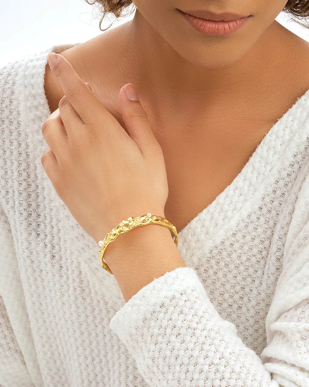 Caspara CZ & Pearl Textured Cuff Bracelet