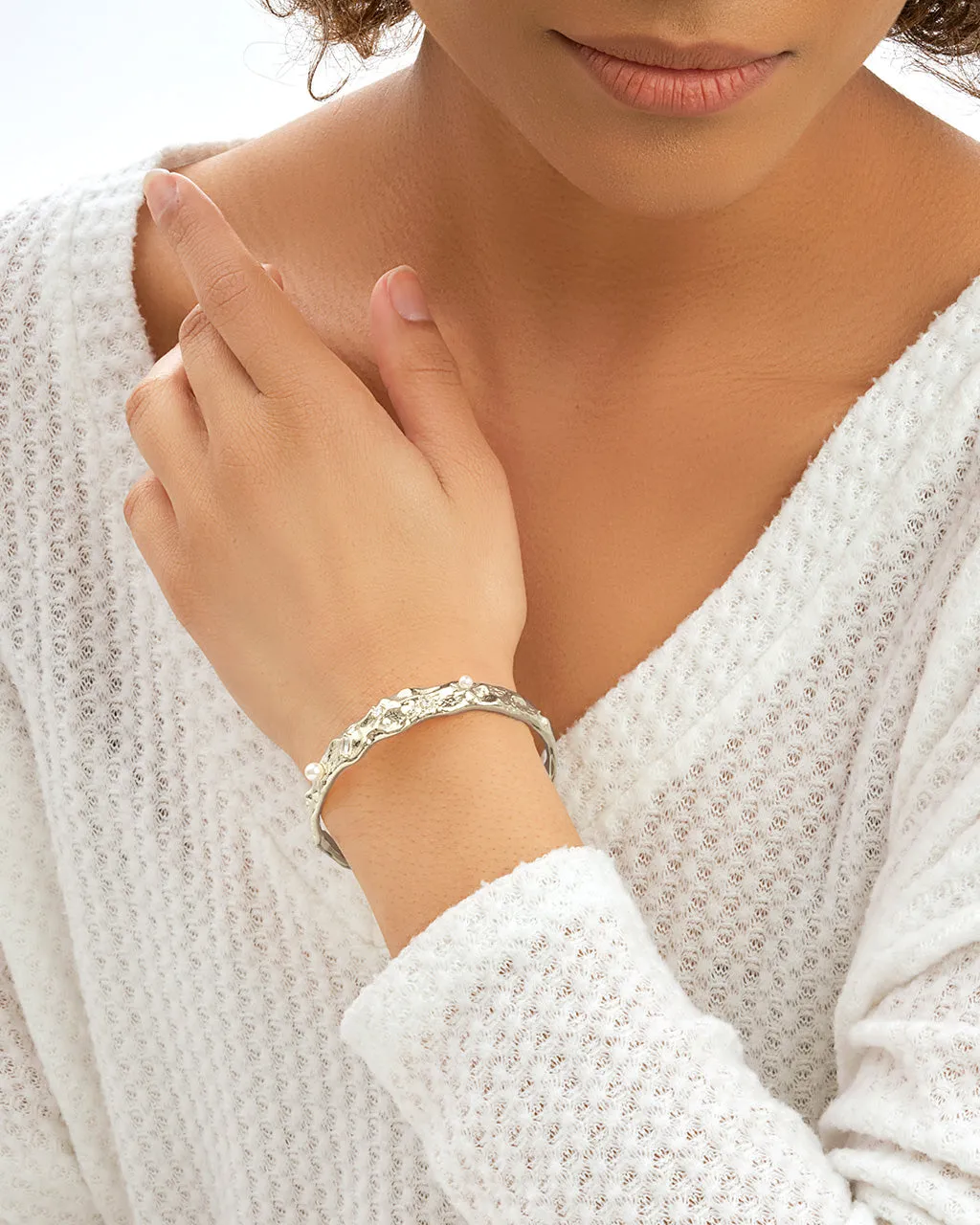 Caspara CZ & Pearl Textured Cuff Bracelet