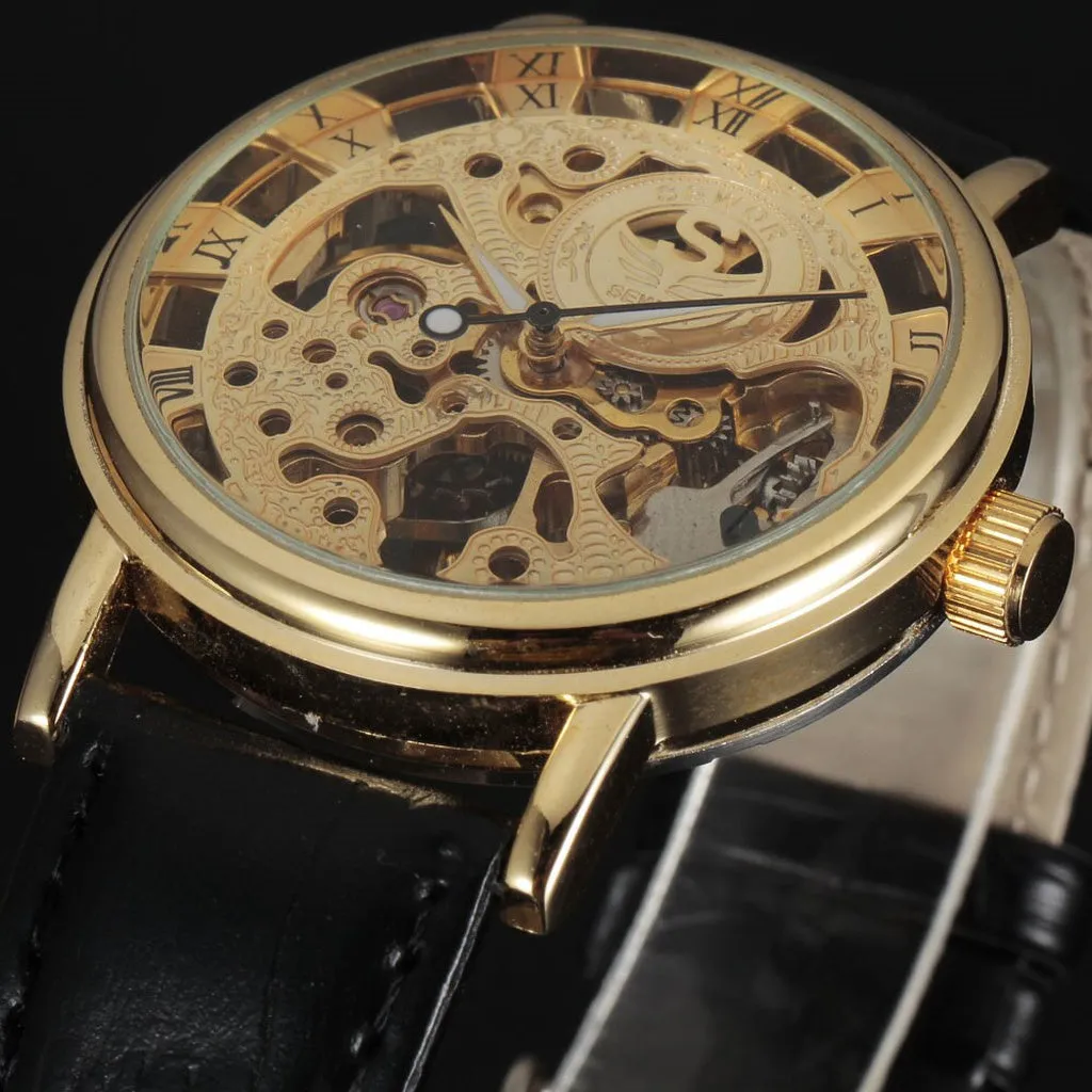 Casual New Fashion SEWOR Brand Skeleton Men Male Military Army Clock Classic Luxury Gold Mechanical Hand Wind Wrist Watch Gift