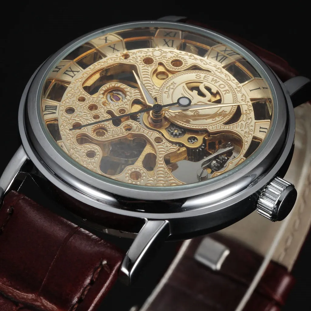 Casual New Fashion SEWOR Brand Skeleton Men Male Military Army Clock Classic Luxury Gold Mechanical Hand Wind Wrist Watch Gift
