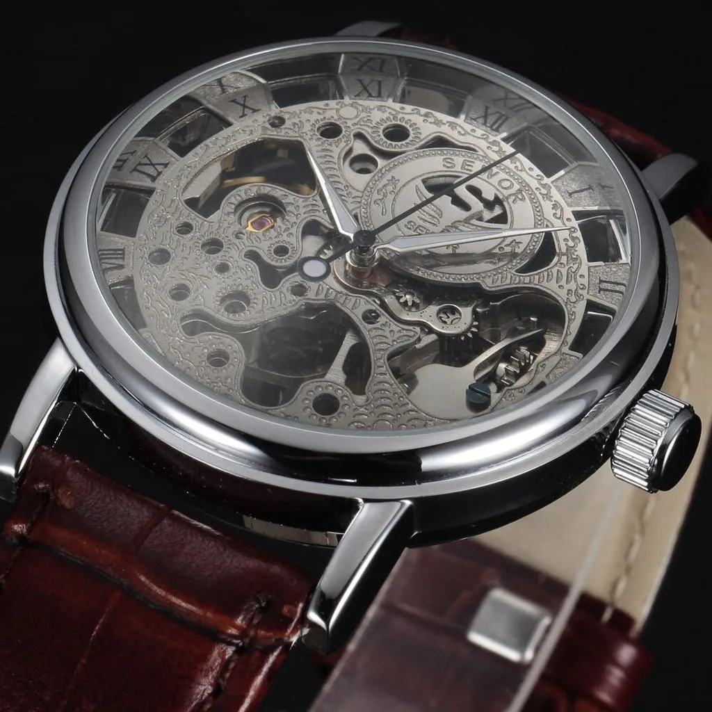 Casual New Fashion SEWOR Brand Skeleton Men Male Military Army Clock Classic Luxury Gold Mechanical Hand Wind Wrist Watch Gift