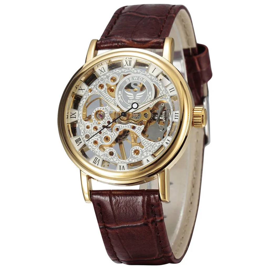 Casual New Fashion SEWOR Brand Skeleton Men Male Military Army Clock Classic Luxury Gold Mechanical Hand Wind Wrist Watch Gift