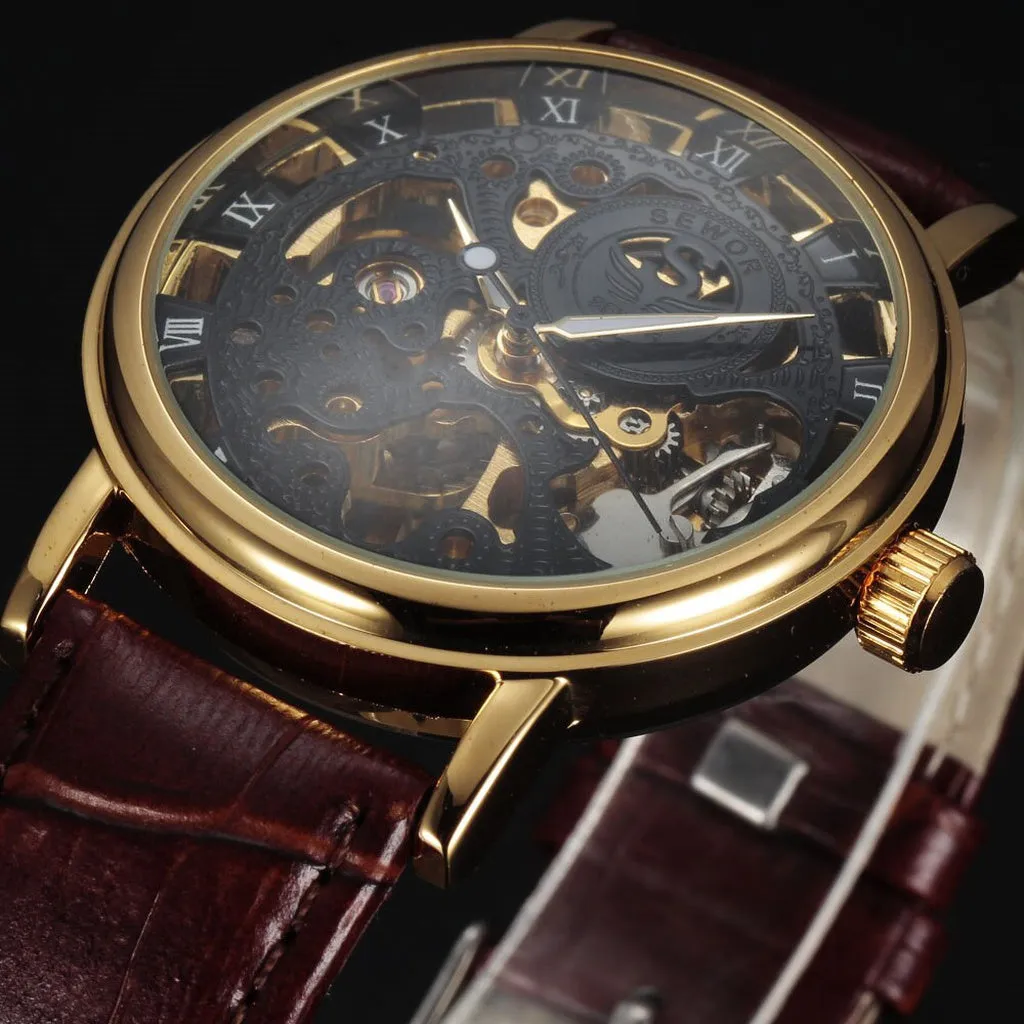 Casual New Fashion SEWOR Brand Skeleton Men Male Military Army Clock Classic Luxury Gold Mechanical Hand Wind Wrist Watch Gift