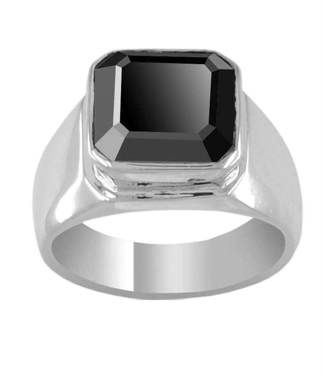 Certified 3.30 Ct Asscher Cut Black Diamond Men's Ring In Sterling Silver with Bezel Setting, Great Luster