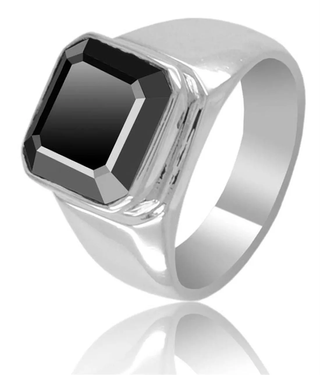 Certified 3.30 Ct Asscher Cut Black Diamond Men's Ring In Sterling Silver with Bezel Setting, Great Luster