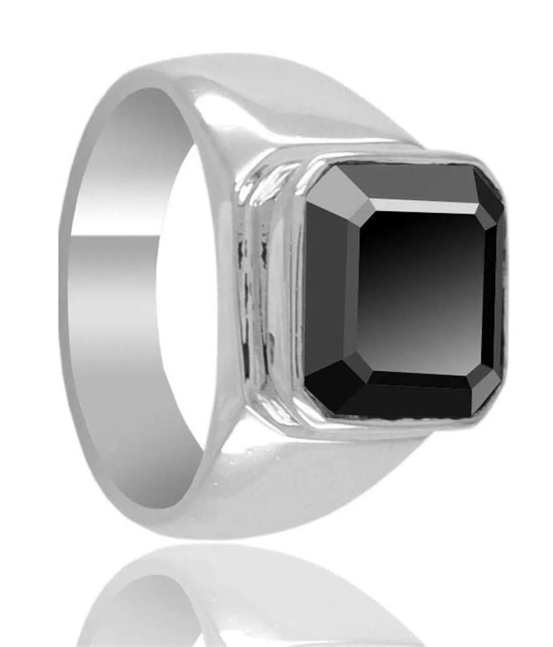 Certified 3.30 Ct Asscher Cut Black Diamond Men's Ring In Sterling Silver with Bezel Setting, Great Luster
