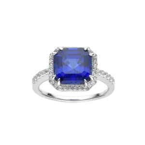 Ceylon Sapphire Asscher Cut Halo Ring