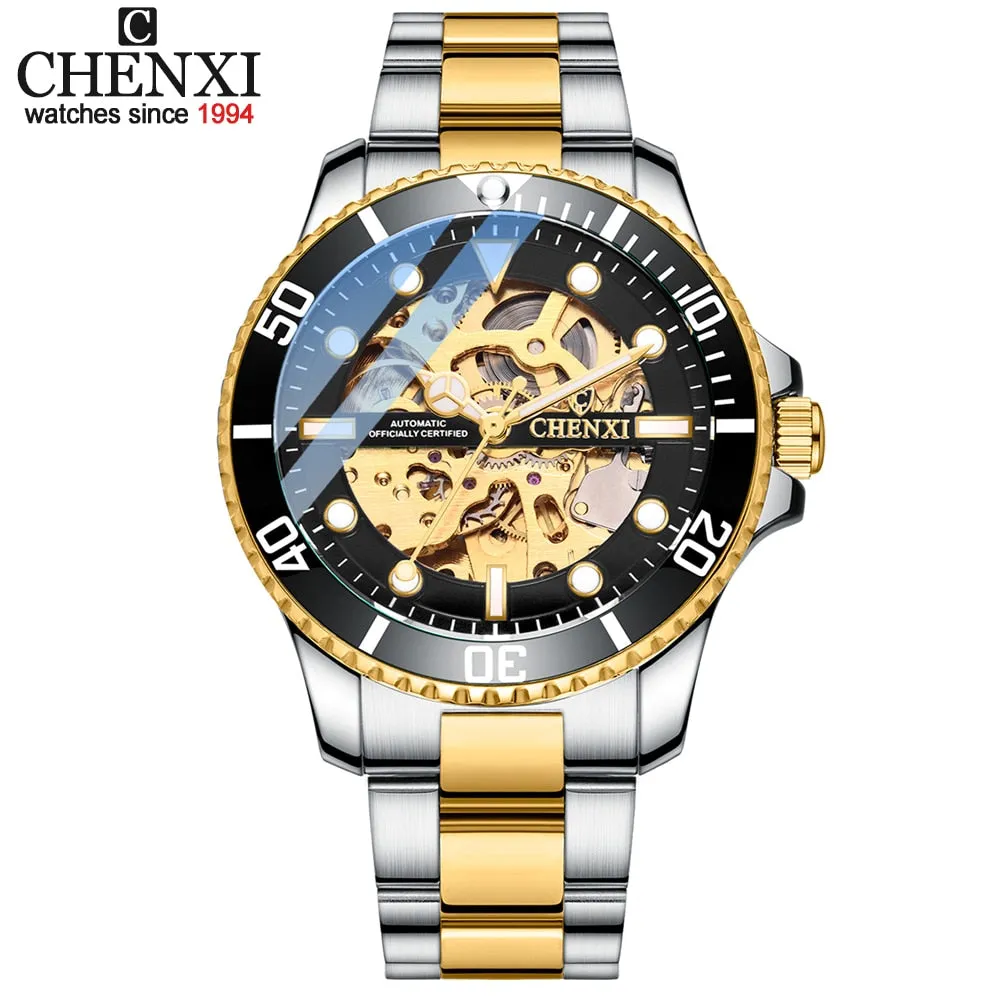 CHENXI Men Golden Stainless Steel Watches Fashion Automatic Mechanical Watch Male Luminous hands Clocks 30M Waterproof Watch