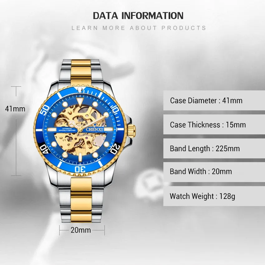CHENXI Men Golden Stainless Steel Watches Fashion Automatic Mechanical Watch Male Luminous hands Clocks 30M Waterproof Watch