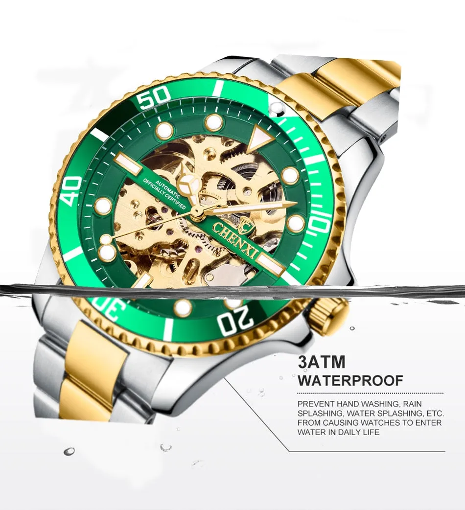 CHENXI Men Golden Stainless Steel Watches Fashion Automatic Mechanical Watch Male Luminous hands Clocks 30M Waterproof Watch