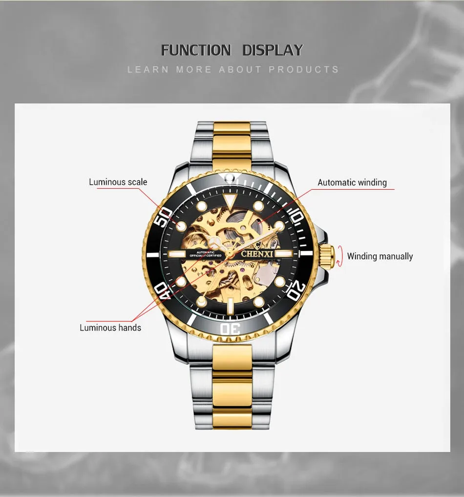 CHENXI Men Golden Stainless Steel Watches Fashion Automatic Mechanical Watch Male Luminous hands Clocks 30M Waterproof Watch