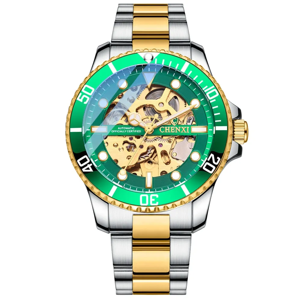 CHENXI Men Golden Stainless Steel Watches Fashion Automatic Mechanical Watch Male Luminous hands Clocks 30M Waterproof Watch