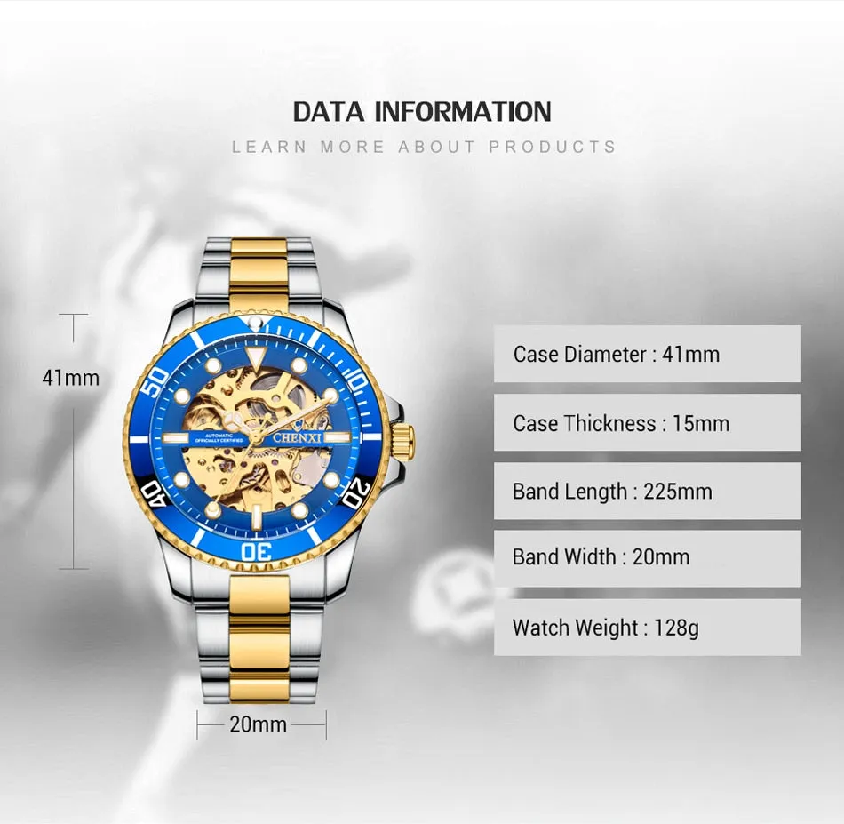 CHENXI Men Golden Stainless Steel Watches Fashion Automatic Mechanical Watch Male Luminous hands Clocks 30M Waterproof Watch