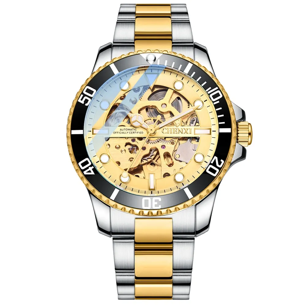 CHENXI Men Golden Stainless Steel Watches Fashion Automatic Mechanical Watch Male Luminous hands Clocks 30M Waterproof Watch
