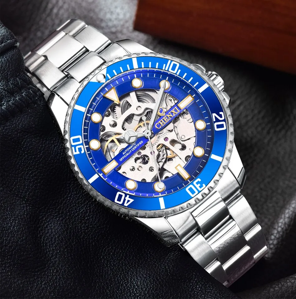 CHENXI Men Golden Stainless Steel Watches Fashion Automatic Mechanical Watch Male Luminous hands Clocks 30M Waterproof Watch