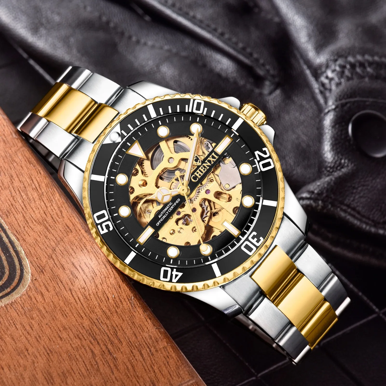 CHENXI Men Golden Stainless Steel Watches Fashion Automatic Mechanical Watch Male Luminous hands Clocks 30M Waterproof Watch
