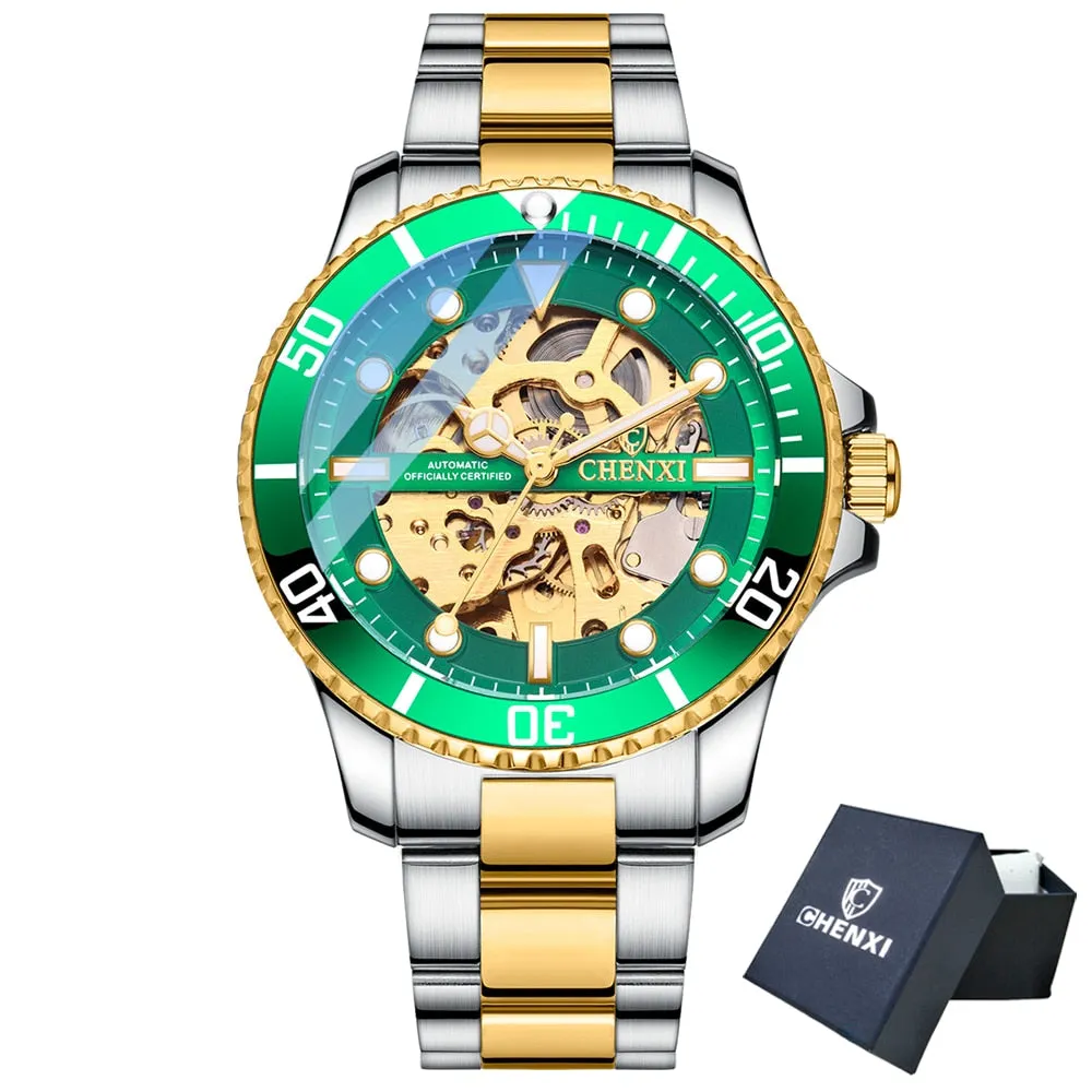 CHENXI Men Golden Stainless Steel Watches Fashion Automatic Mechanical Watch Male Luminous hands Clocks 30M Waterproof Watch