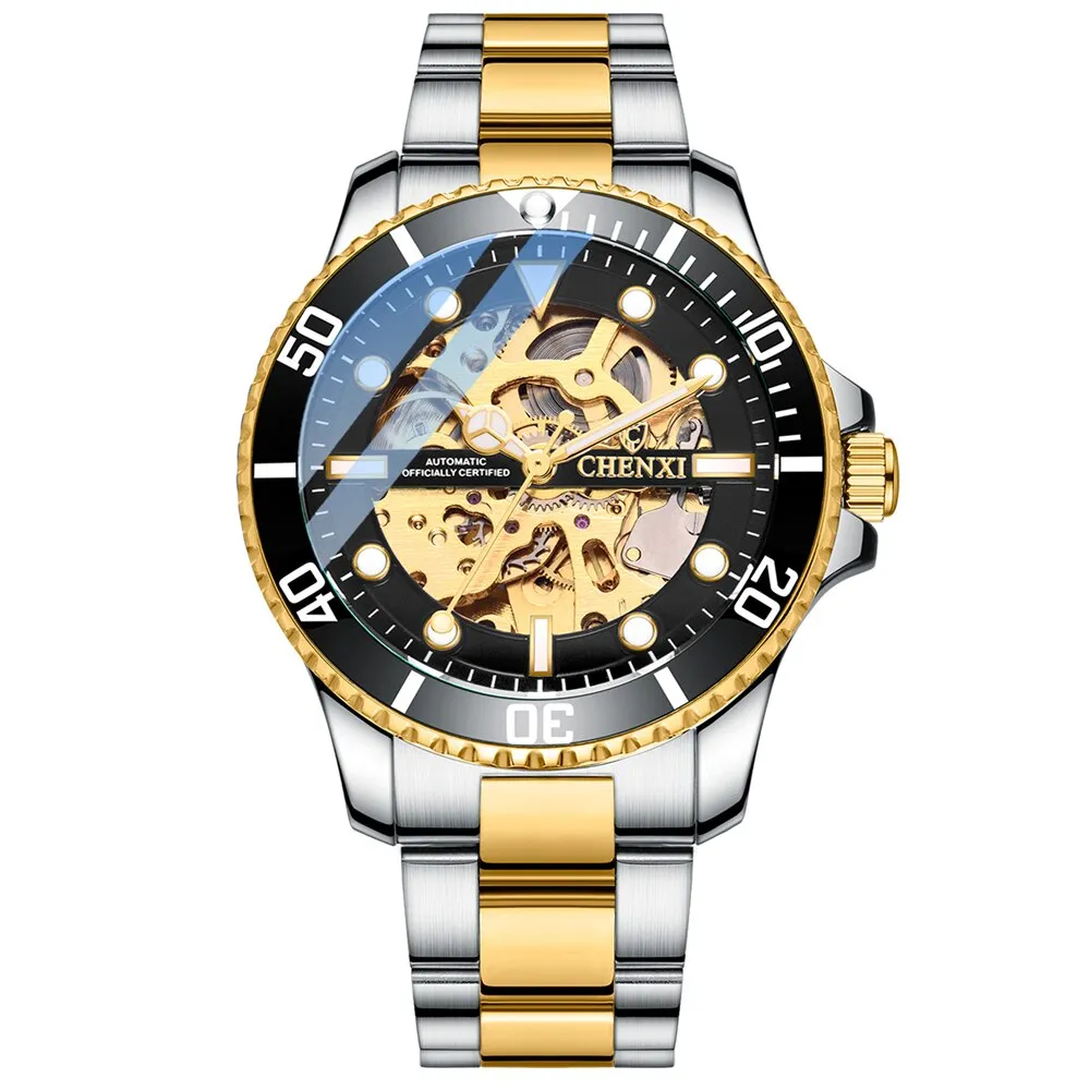CHENXI Men Golden Stainless Steel Watches Fashion Automatic Mechanical Watch Male Luminous hands Clocks 30M Waterproof Watch