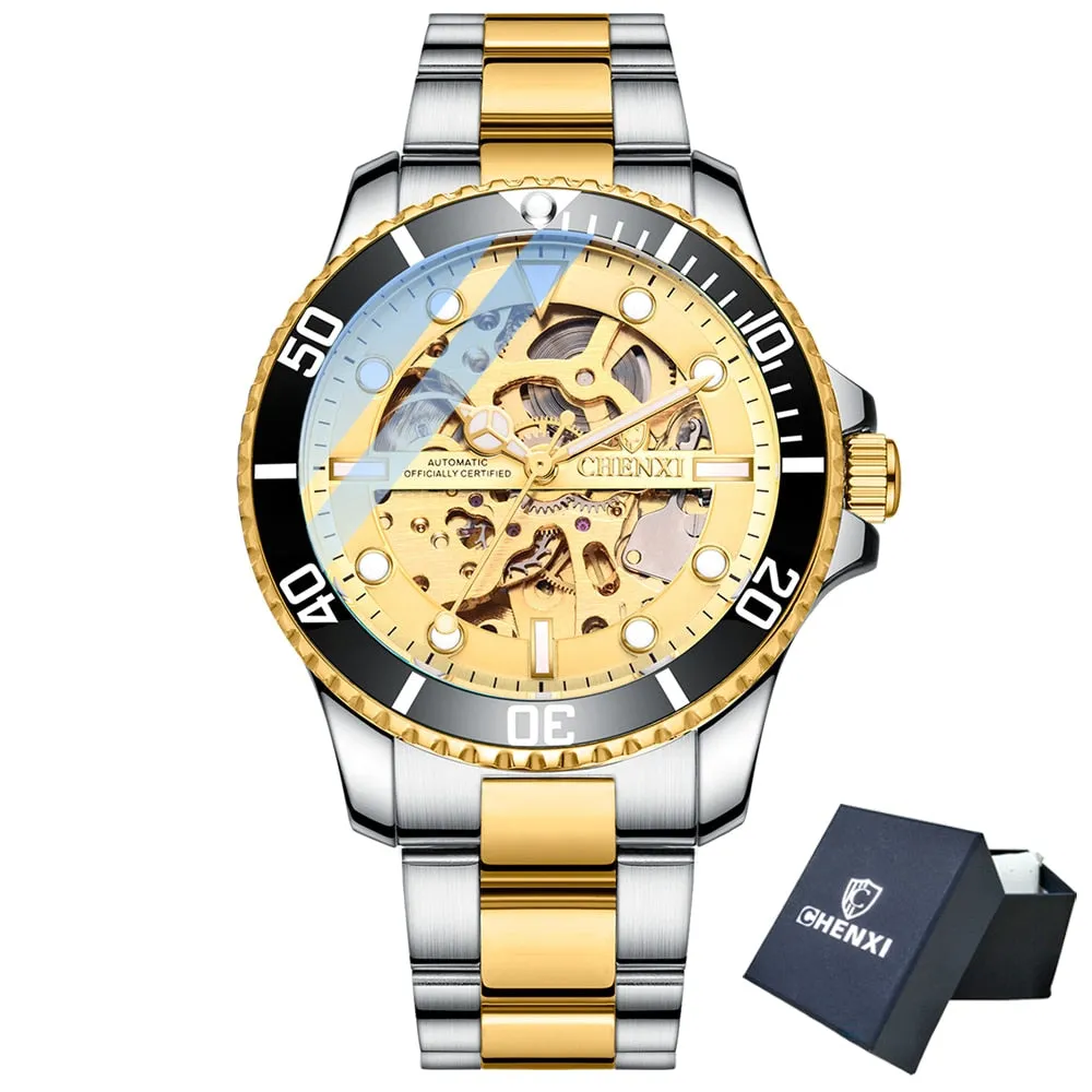 CHENXI Men Golden Stainless Steel Watches Fashion Automatic Mechanical Watch Male Luminous hands Clocks 30M Waterproof Watch