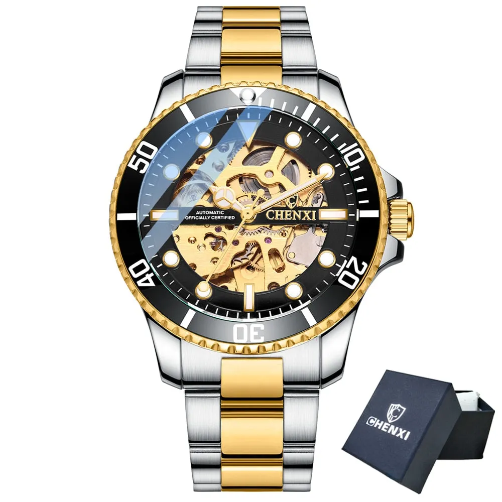 CHENXI Men Golden Stainless Steel Watches Fashion Automatic Mechanical Watch Male Luminous hands Clocks 30M Waterproof Watch