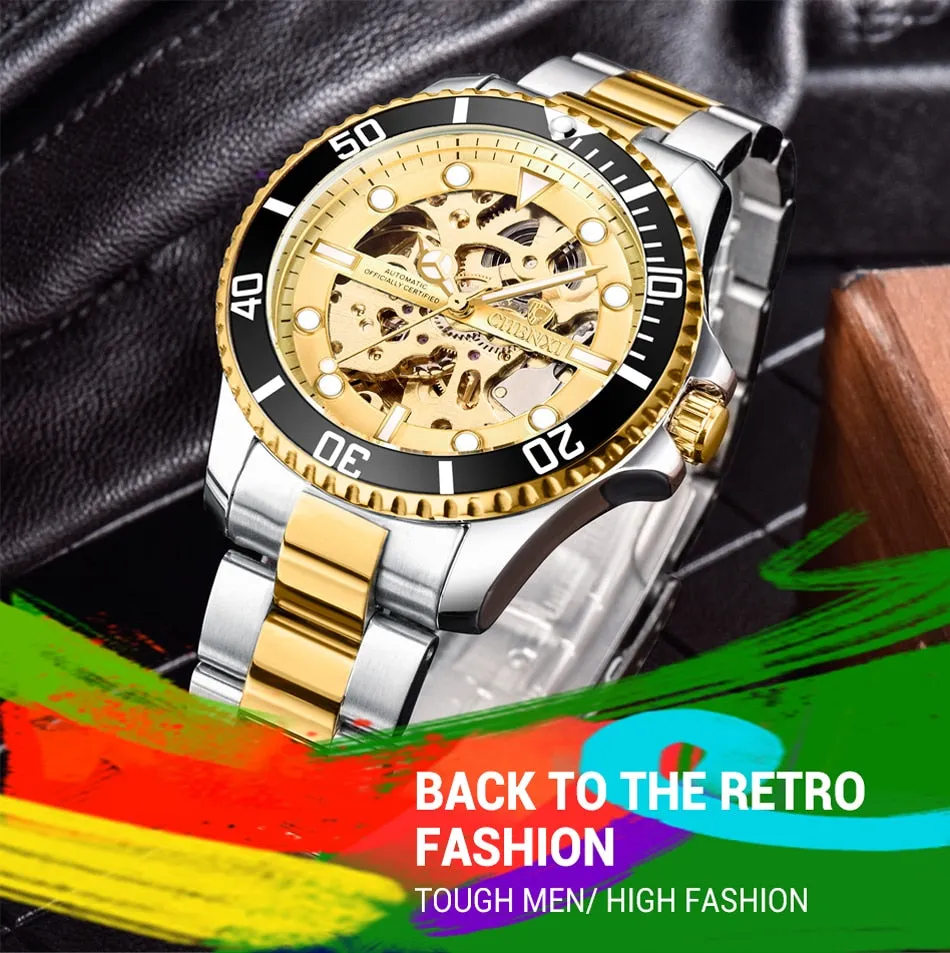 CHENXI Men Golden Stainless Steel Watches Fashion Automatic Mechanical Watch Male Luminous hands Clocks 30M Waterproof Watch