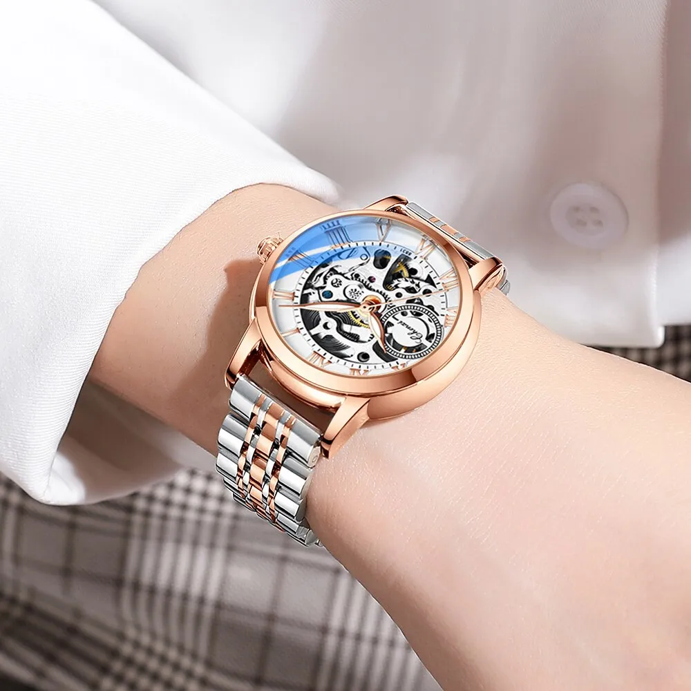 CHENXI New Luxury Brand Women Mechanical Watch Skeleton Fashion Stainless Steel Waterproof Automatic Watches For Ladies