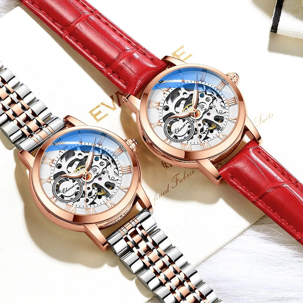 CHENXI New Luxury Brand Women Mechanical Watch Skeleton Fashion Stainless Steel Waterproof Automatic Watches For Ladies