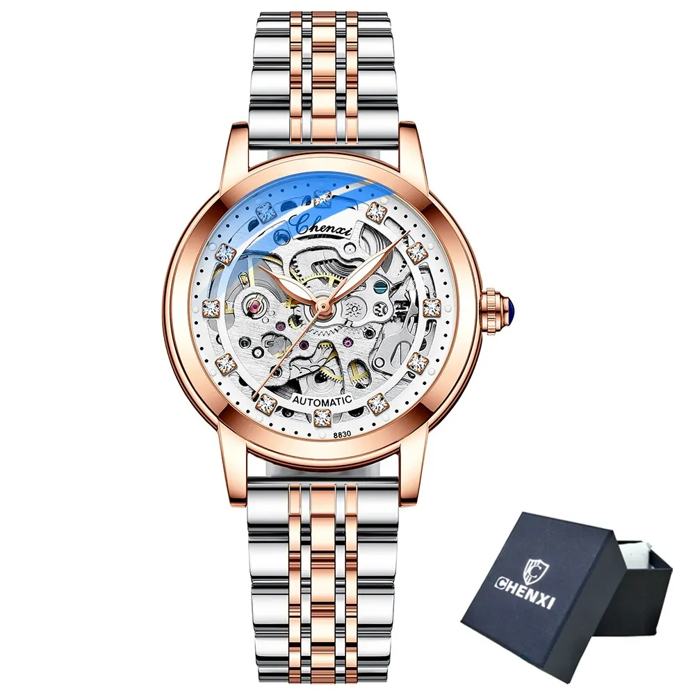 CHENXI New Luxury Brand Women Mechanical Watch Skeleton Fashion Stainless Steel Waterproof Automatic Watches For Ladies
