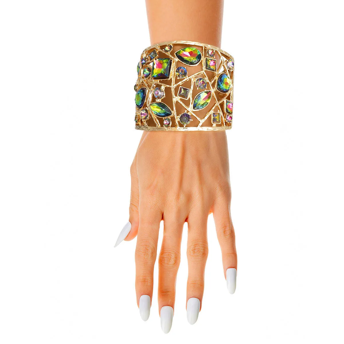 Chunky Gold Rhinestone Cuff Bracelet with Pink & Green Stones