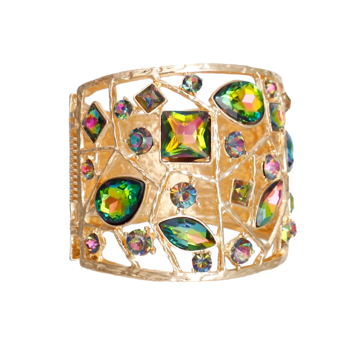 Chunky Gold Rhinestone Cuff Bracelet with Pink & Green Stones