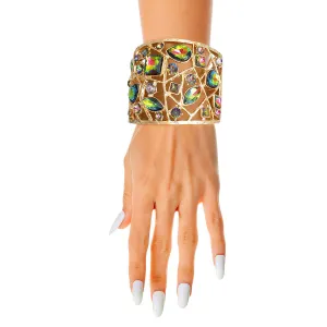 Chunky Gold Rhinestone Cuff Bracelet with Pink & Green Stones