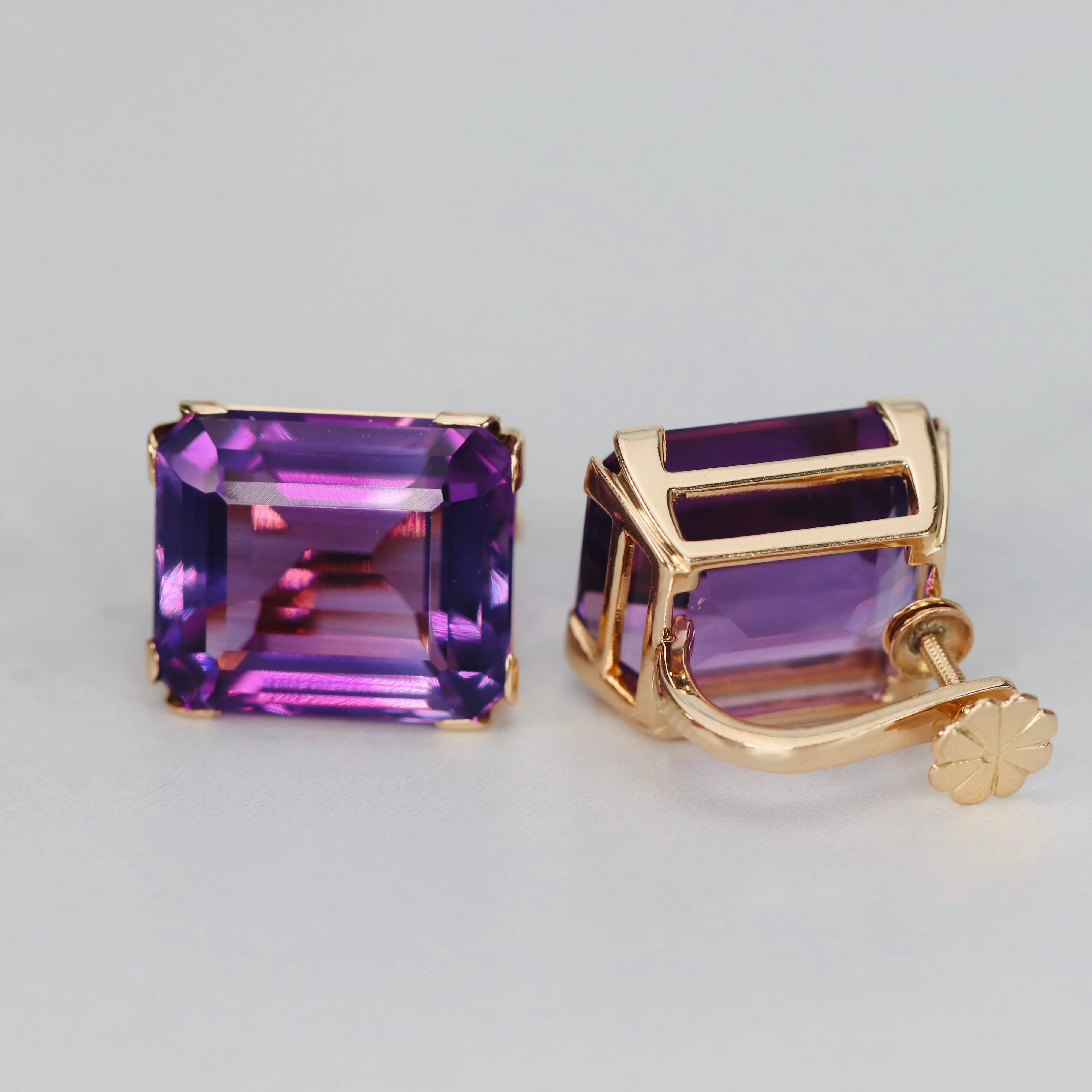 Chunky Vintage Amethyst emerald cut earrings in 14k yellow gold
