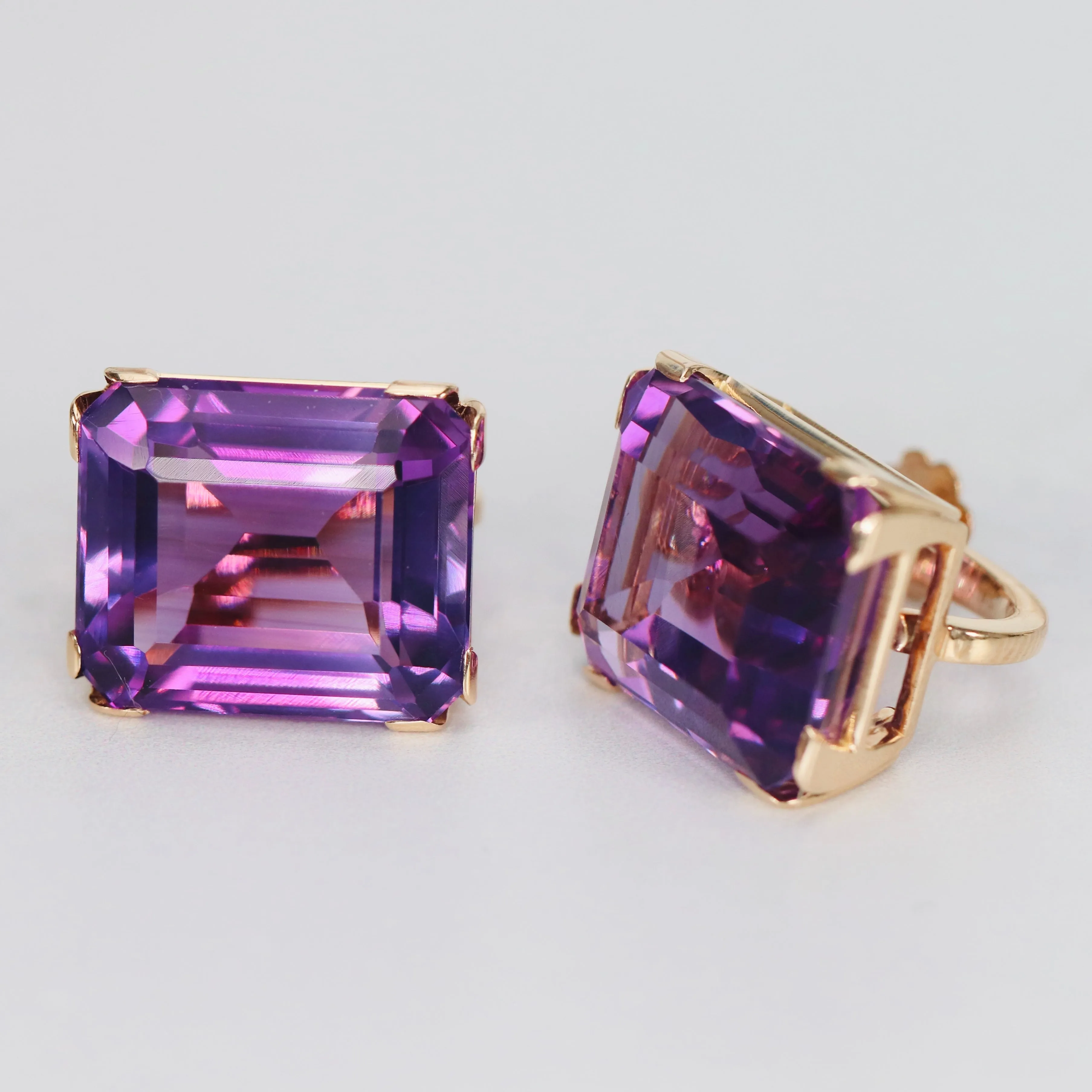 Chunky Vintage Amethyst emerald cut earrings in 14k yellow gold