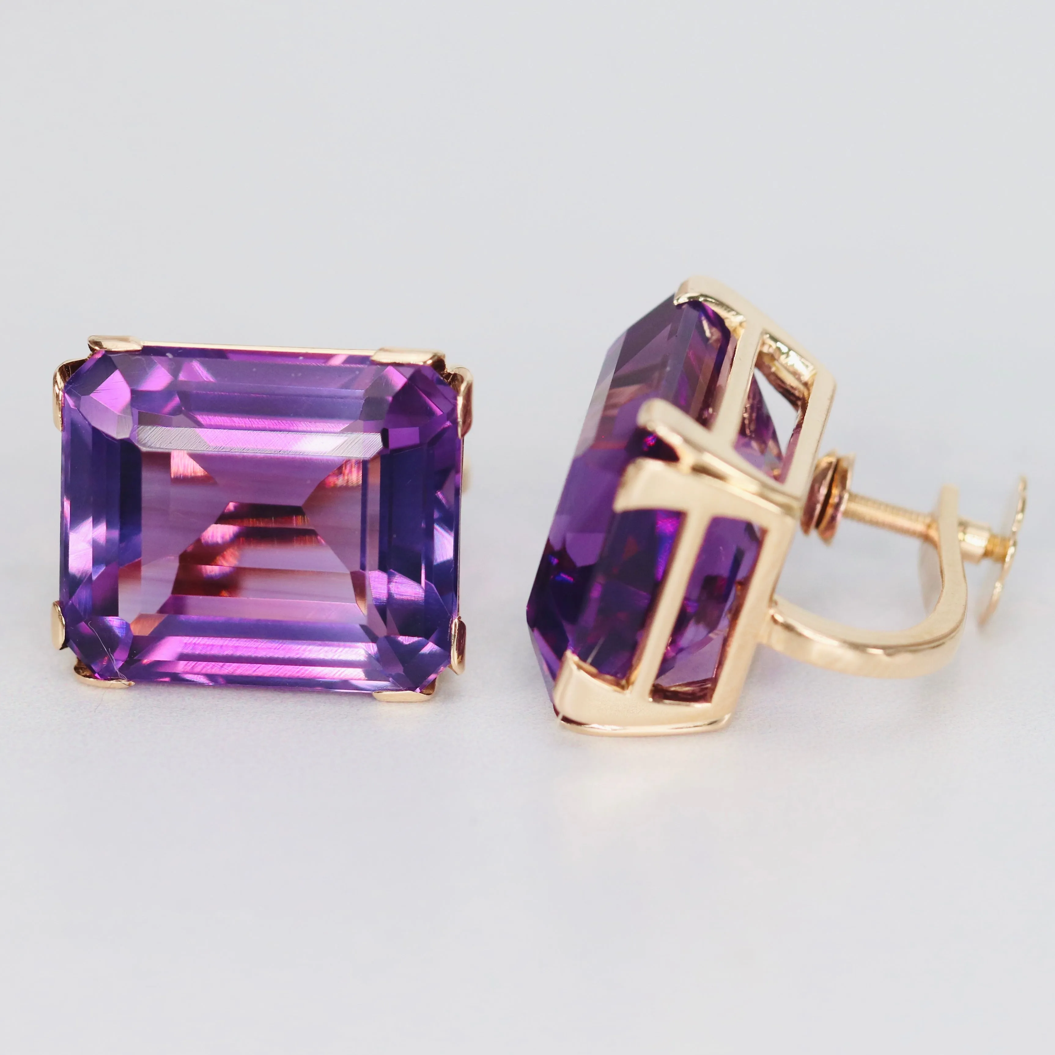 Chunky Vintage Amethyst emerald cut earrings in 14k yellow gold