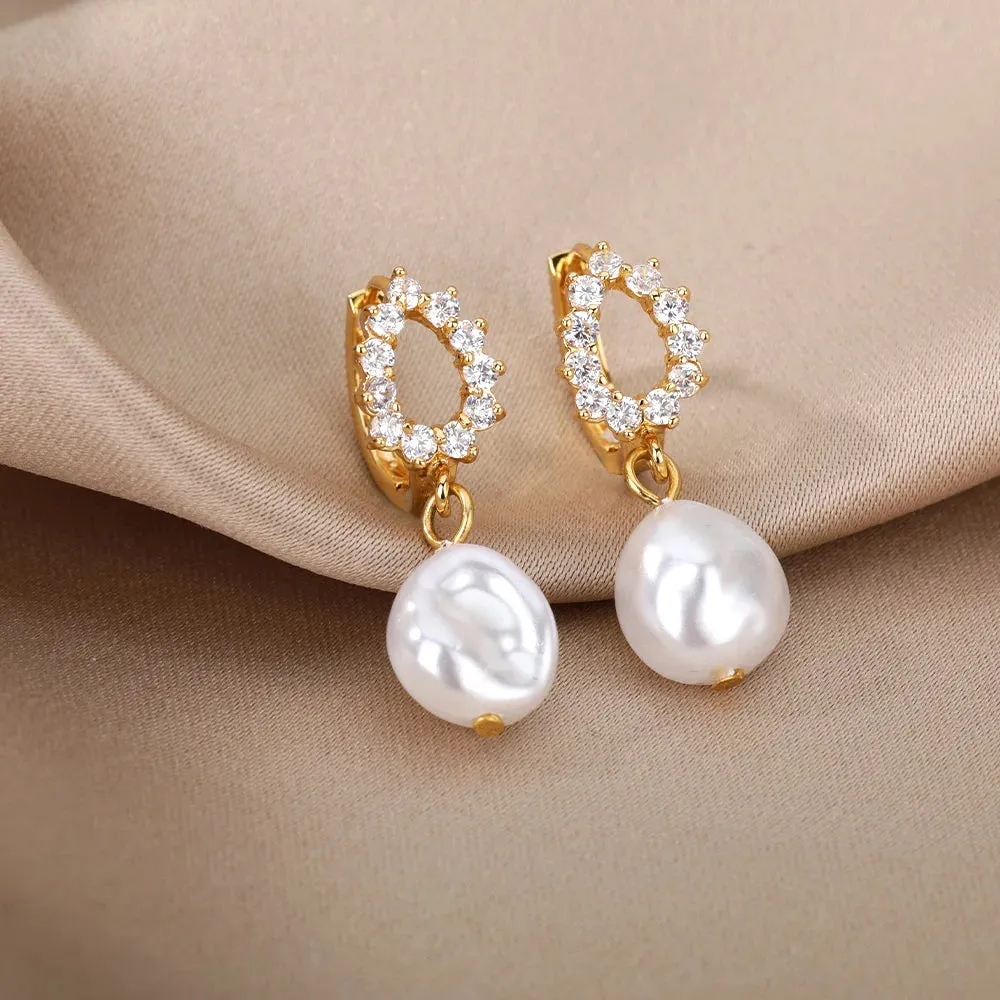 Circle Earrings For Women Vintage Punk Baroque Pearl Earrings Stainless Steel Ear Clip Women Jewelry Imitation Pearl