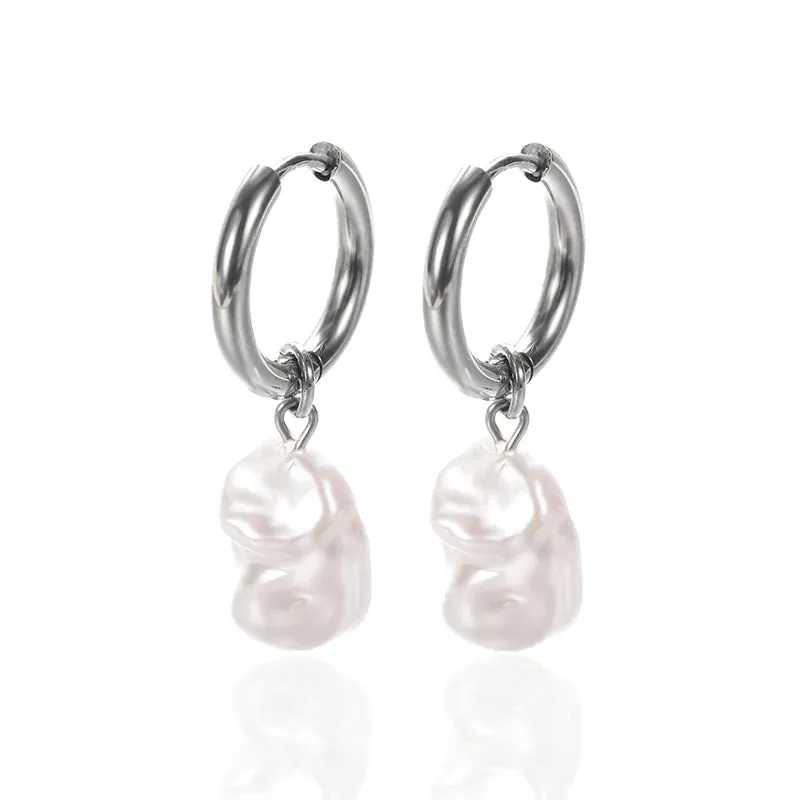 Circle Earrings For Women Vintage Punk Baroque Pearl Earrings Stainless Steel Ear Clip Women Jewelry Imitation Pearl
