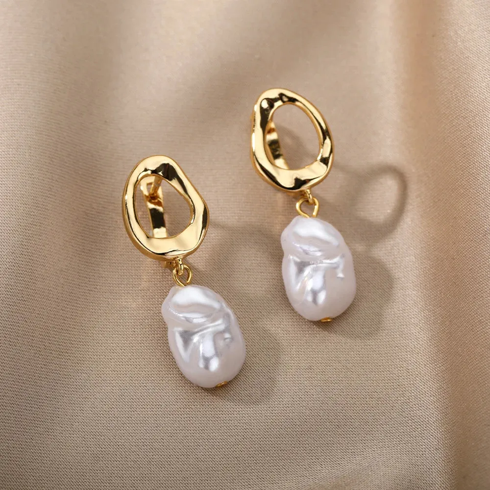 Circle Earrings For Women Vintage Punk Baroque Pearl Earrings Stainless Steel Ear Clip Women Jewelry Imitation Pearl