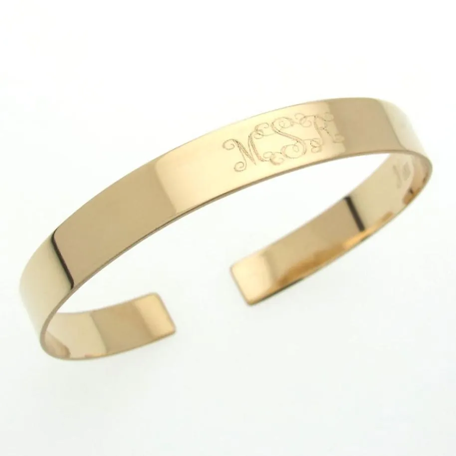Circle Monogram Gold Cuff Bracelet, Custom Initials Engraved Bangle for her