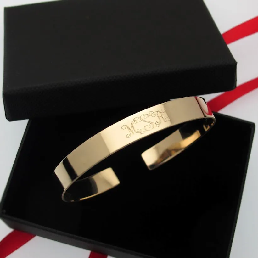 Circle Monogram Gold Cuff Bracelet, Custom Initials Engraved Bangle for her