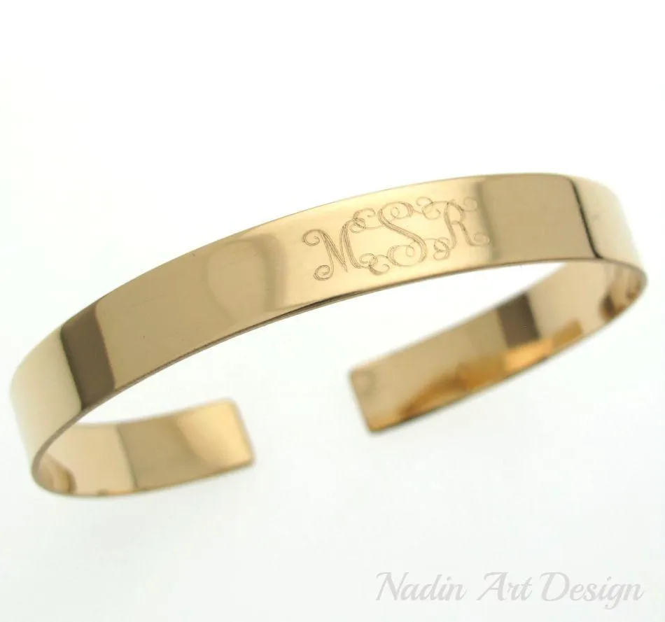 Circle Monogram Gold Cuff Bracelet, Custom Initials Engraved Bangle for her