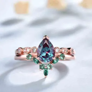 Classic Dora Pear Shaped Alexandrite Diamond Bridal Set Emerald Stackable Band